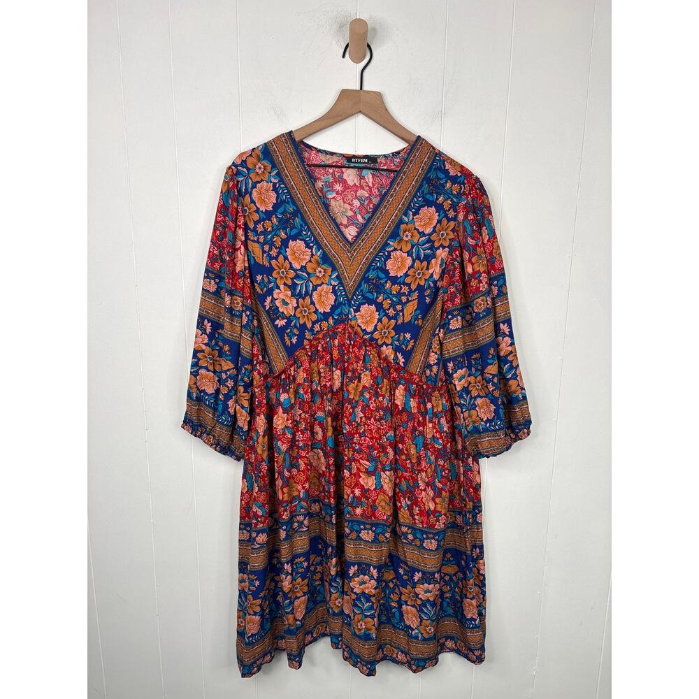 BTFBM Boho Floral Babydoll Dress XL Casual Flowy Summer Spring Vacation Red - Picture 3 of 9